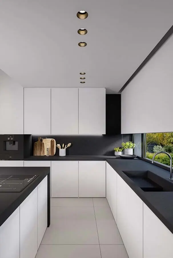 decoração minimalista com armário de cozinha preto e branco Foto Casa é Melhor