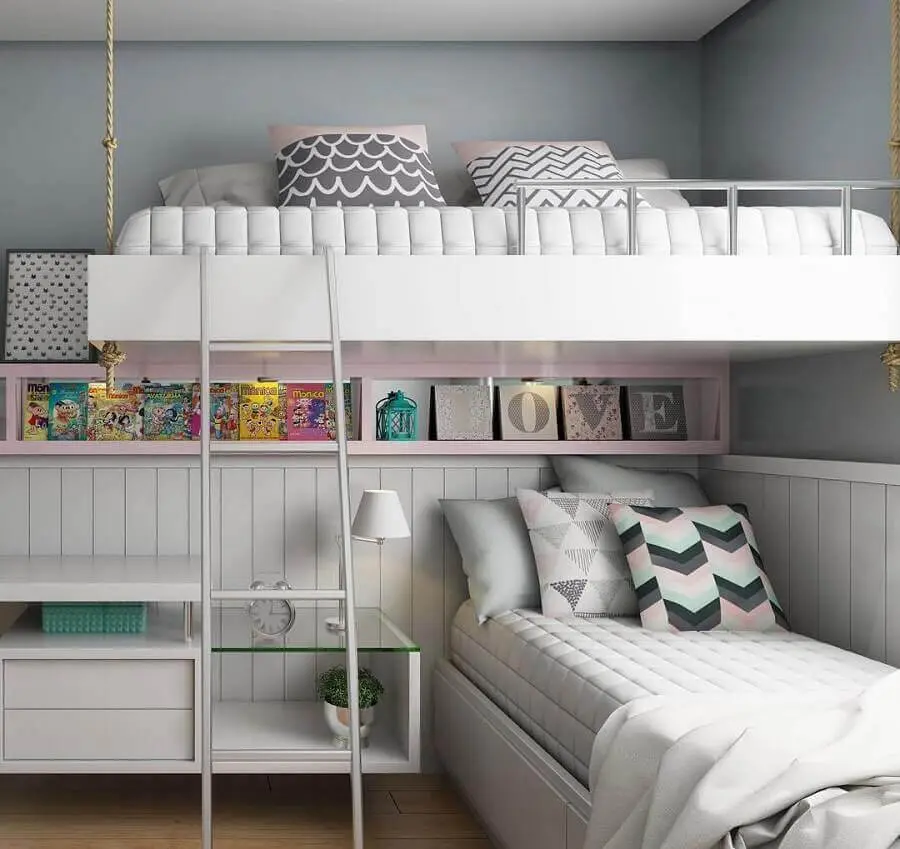 decoração quarto de gêmeos planejado com cama suspensa e nicho embutido Foto Webcomunica
