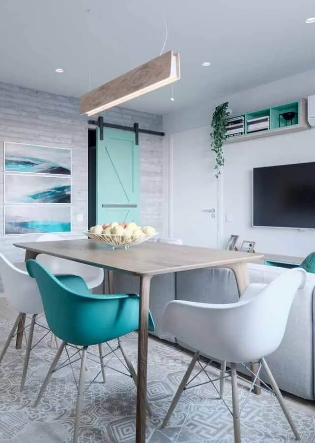 decoração verde água para sala de estar e jantar integradas Foto Design Ideas