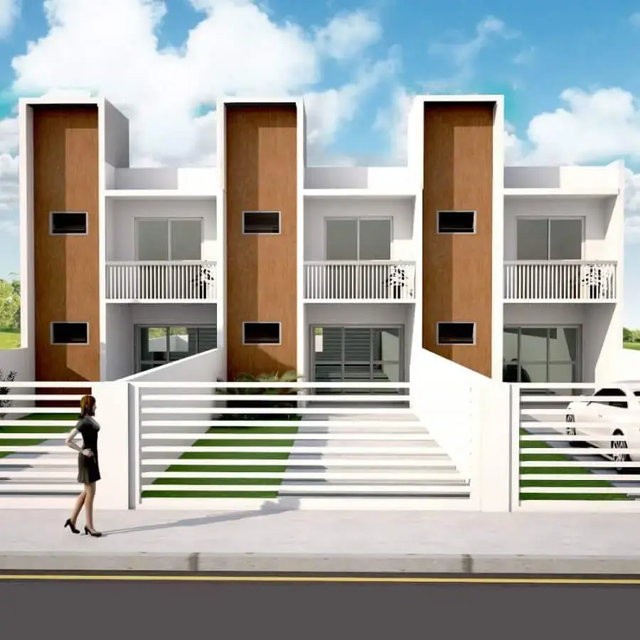 fachada de casas geminada duplex com três sobrados iguais Foto Pense Projetos