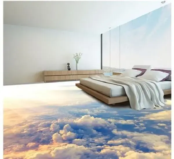 Adesivo 3D para piso com temática de céu para quarto de casal