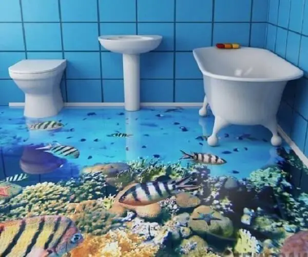 Adesivo 3D para piso com temática de oceano para banheiro