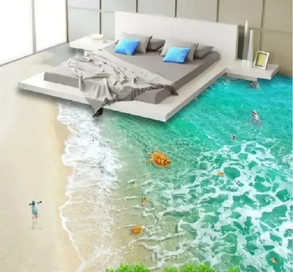 Adesivo 3D para piso com temática de praia