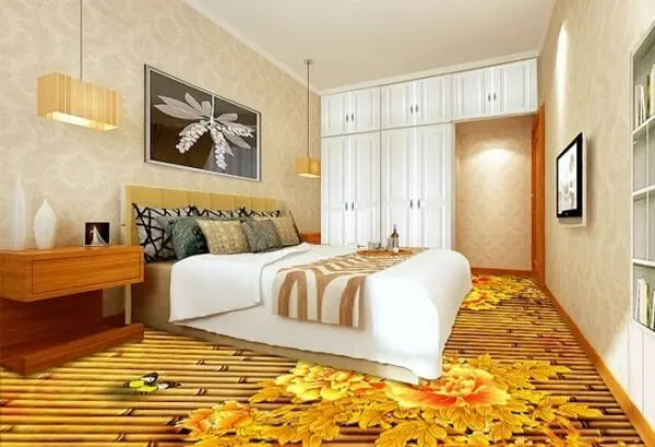  Piso 3D com temática de flores aplicado no quarto de casal