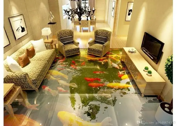 Piso 3D com temática de peixes aplicado na sala de estar