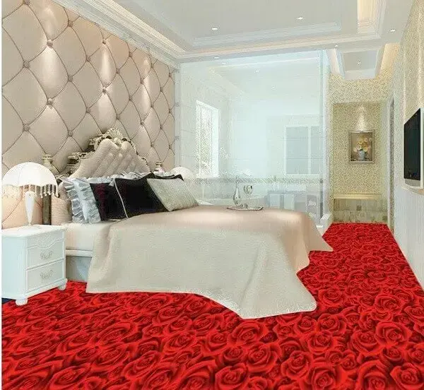 Piso 3D com temática de rosas vermelhas aplicada no quarto de casal