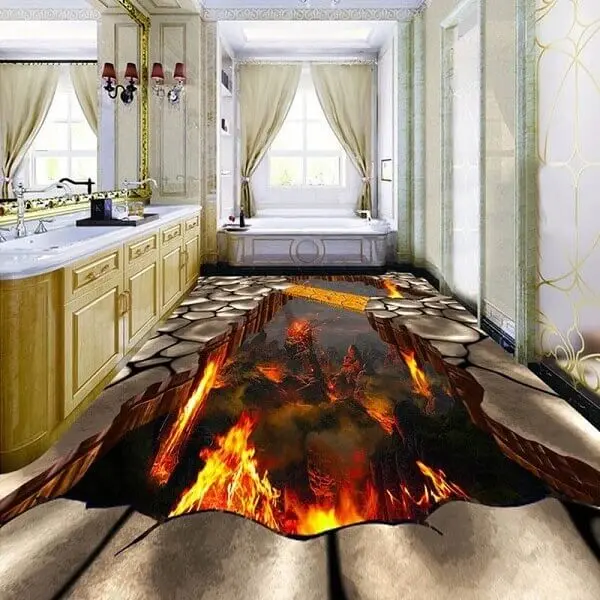 Piso 3D com temática de vulcões aplicado no banheiro
