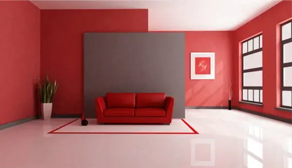 Piso em 3D aplicado nas cores branco e vermelho na sala de estar