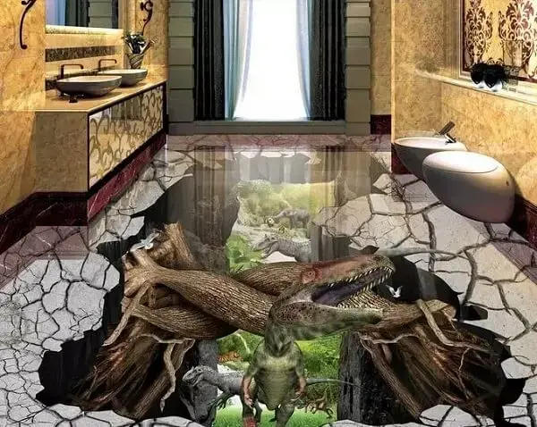 Transforme a decoração do banheiro em um ambiente divertido usando piso 3D