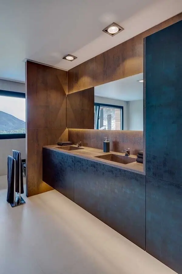 banheiro decorado com porcelanato aço corten Foto Mauricio Gebara Arquitetura