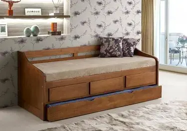 Cama com gavetas - sofá cama com auxiliar marrom e gavetas