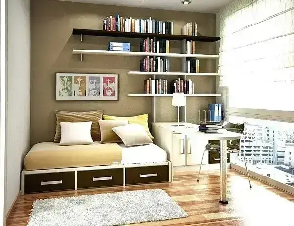 Prateleiras para livro de parede se harmonizam com a decoração do quarto