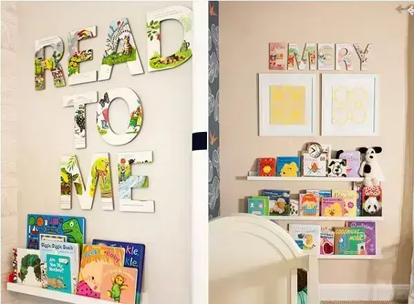 Prateleiras para livros e letras em MDF encantam a decoração do quarto