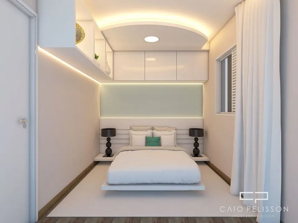 Quarto de casal moderno - quarto pequeno com armários suspensos