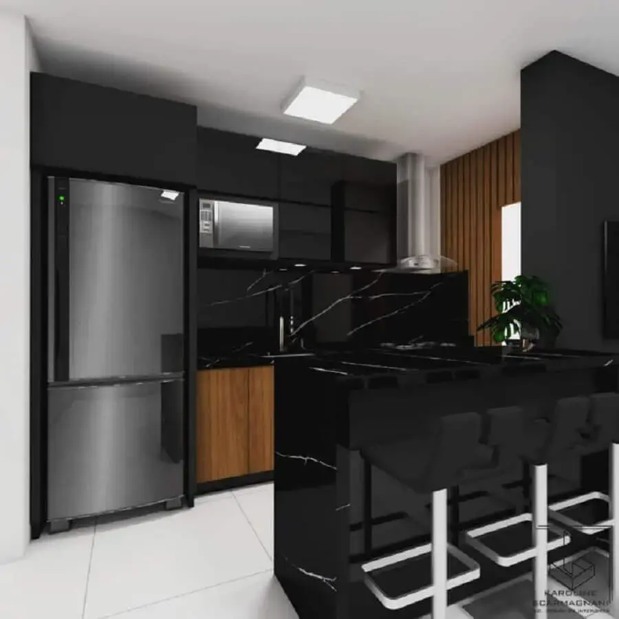decoração com móveis planejados para cozinha americana toda preta Foto Karoline Scarmagnani
