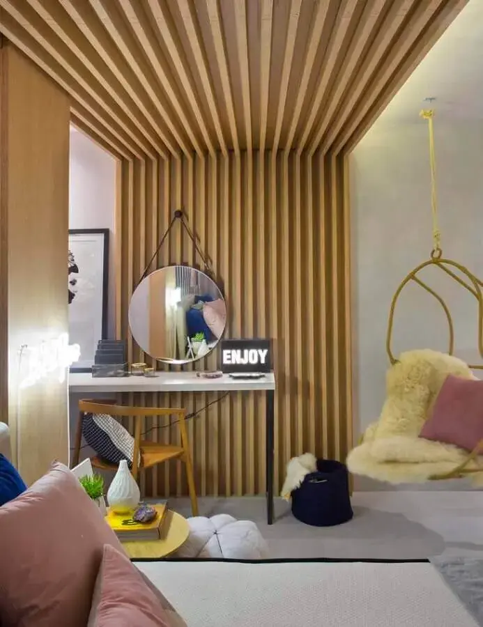espelho redondo com alça para decoração de ambiente com balanço Foto Arquitetura Camila Fleck
