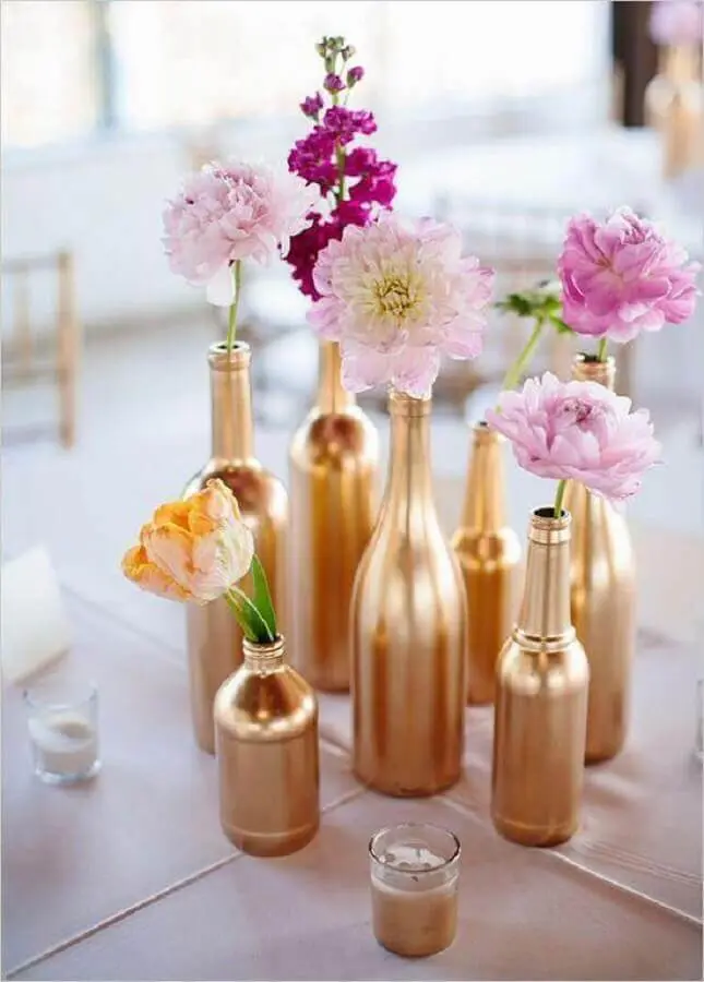 garrafas personalizadas para decoração de bodas de ouro Foto Casa e Festa
