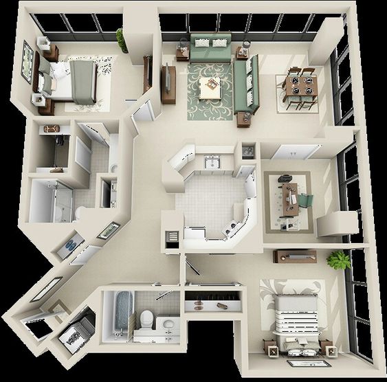 plantas de casas modernas - planta de casa com 2 quartos e banheiro centralizado