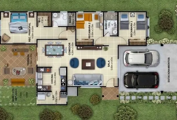 plantas de casas modernas - planta de casa com 2 quartos e garagem dupla e área de lazer