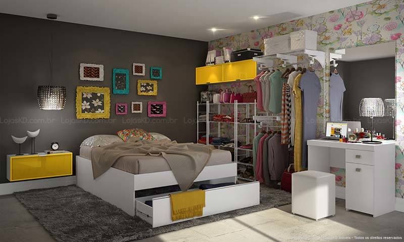 quarto de casal moderno - quarto com araras e cama com gaveta
