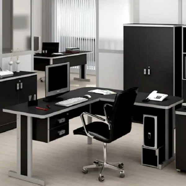 A escrivaninha preta em formato l é excelente para ambientes de escritório