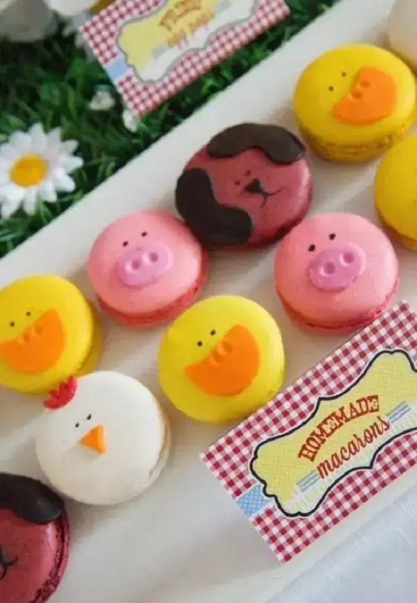 The macaroons in the little farm party are shaped like little animals
