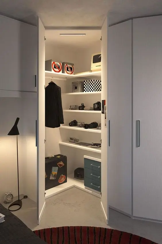 armário de canto - armário branco de canto com prateleiras
