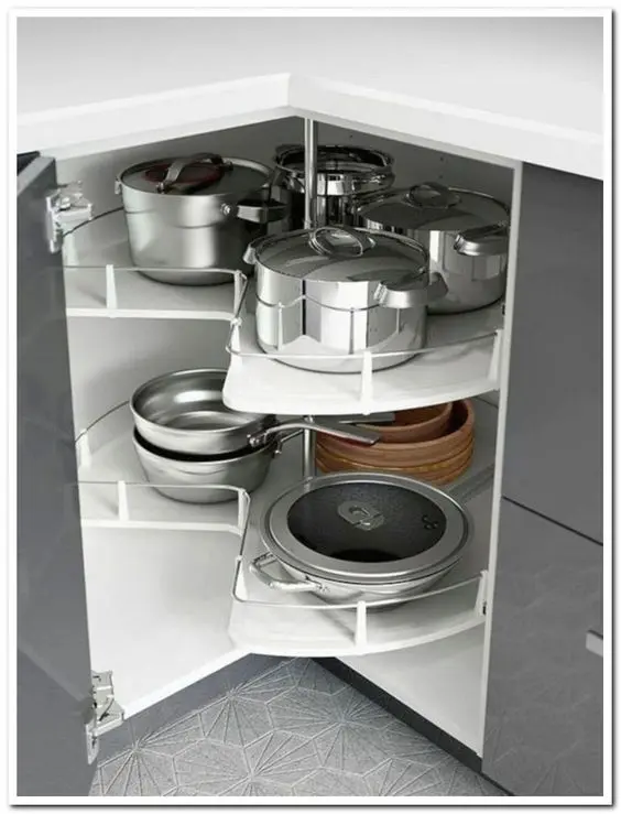 armário de canto - armário de cozinha com gavetas e prateleiras duplas