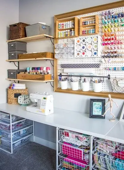 atelier de costura - ateliê de costura com painel e gavetas 