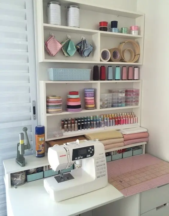 atelier de costura - mesa e painel de ateliê com linhas e tecidos 