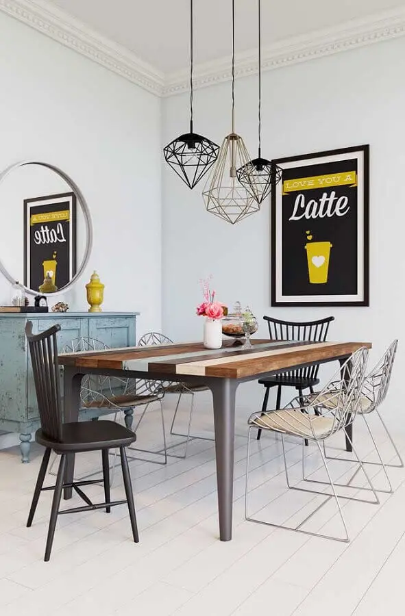 decoração de sala de jantar com espelho redondo e quadro tumblr grande Foto Pinterest