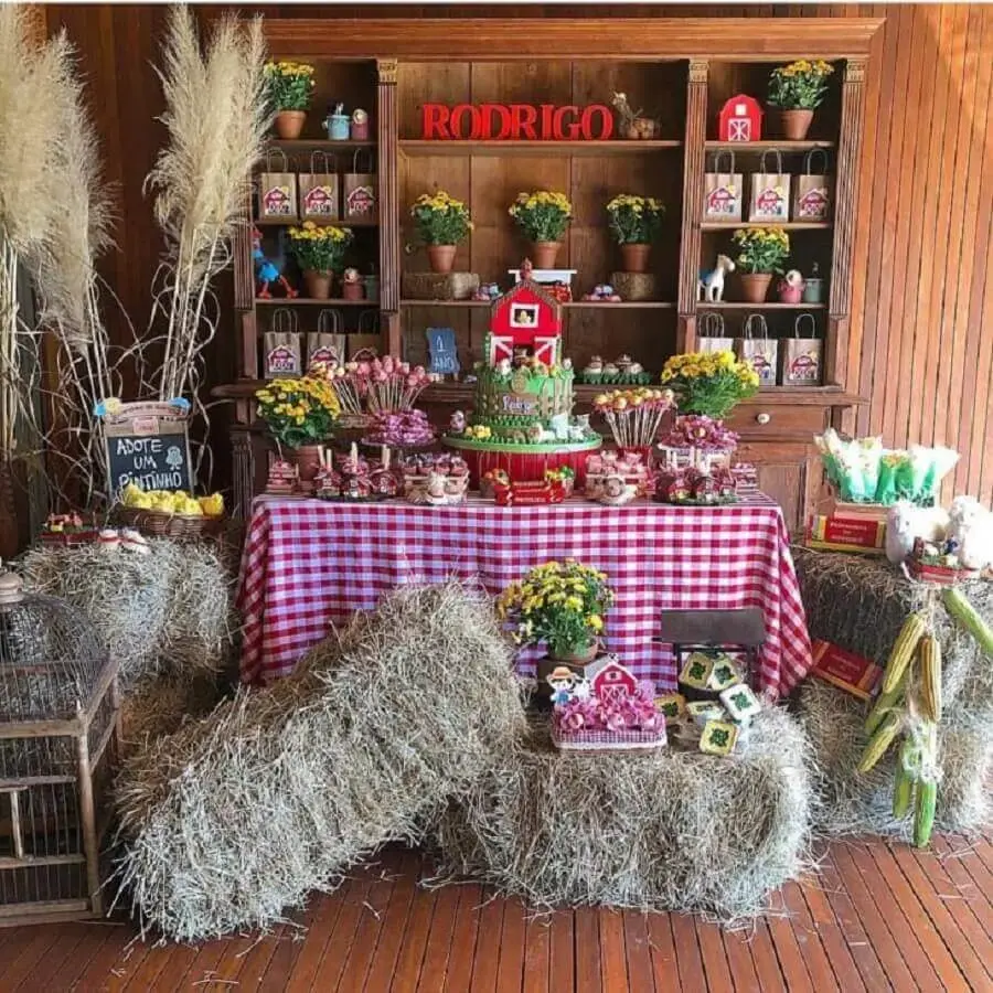 Fabiola Teles decoration party with straw and wooden bookshelf