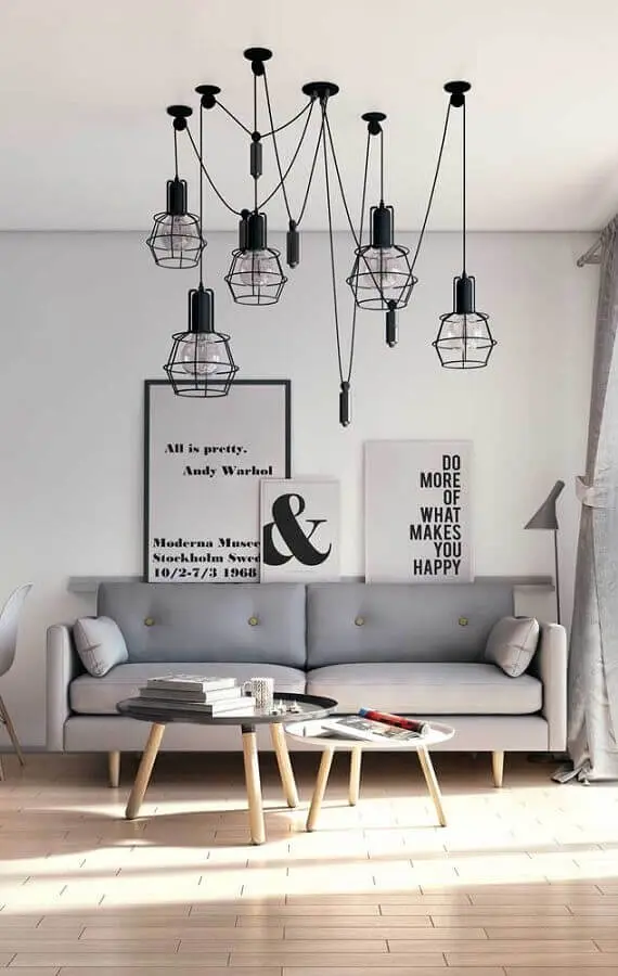 decoração para sala minimalista com pendentes modernos e quadros tumblr de frase Foto Chateau de Conques