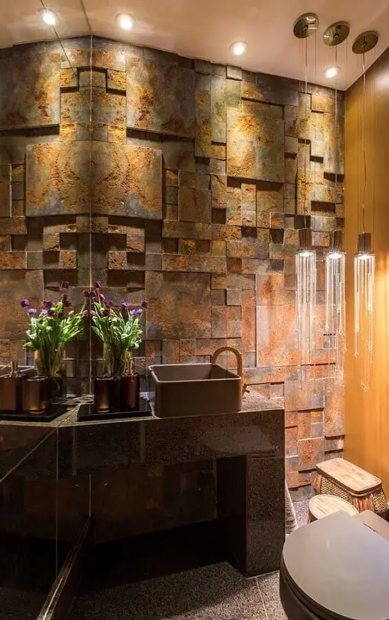 decoração rústica para banheiro com pedra ferro Foto Castelatto