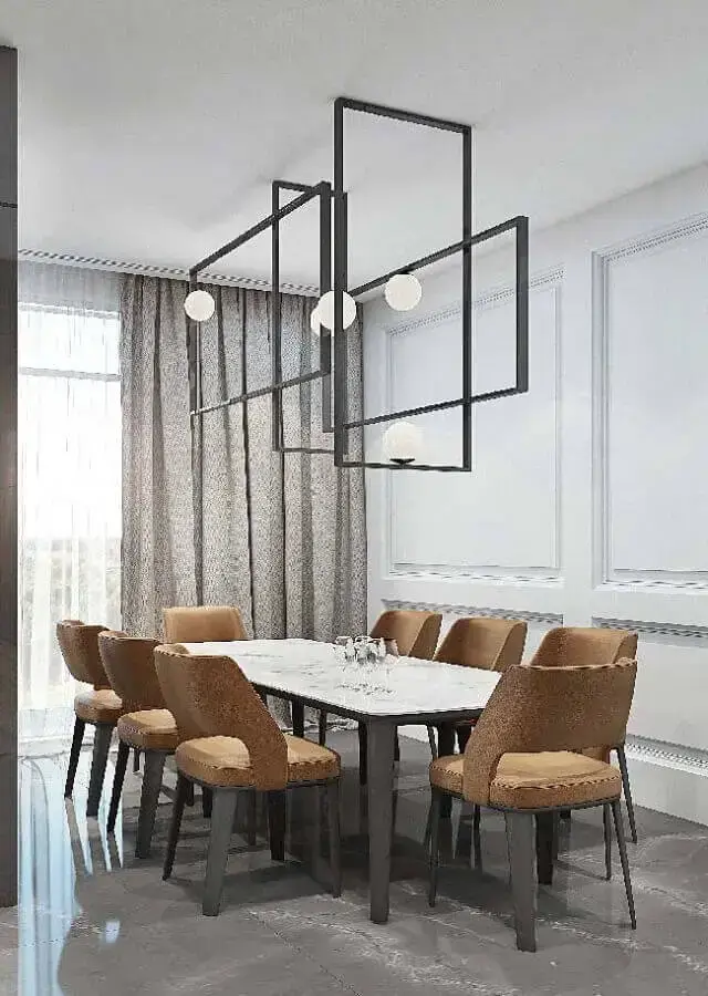 luminária moderna para mesa retangular em sala de jantar com cadeiras estofadas Foto Jeito de Casa