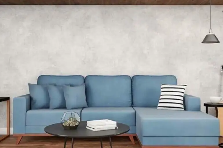 sala moderna decorada com sofá azul com chaise Foto Pinterest