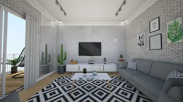 Projeto de sala de estar com tapete preto e branco geométrico