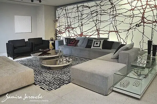 Tapete preto e branco geométrico para sala de estar