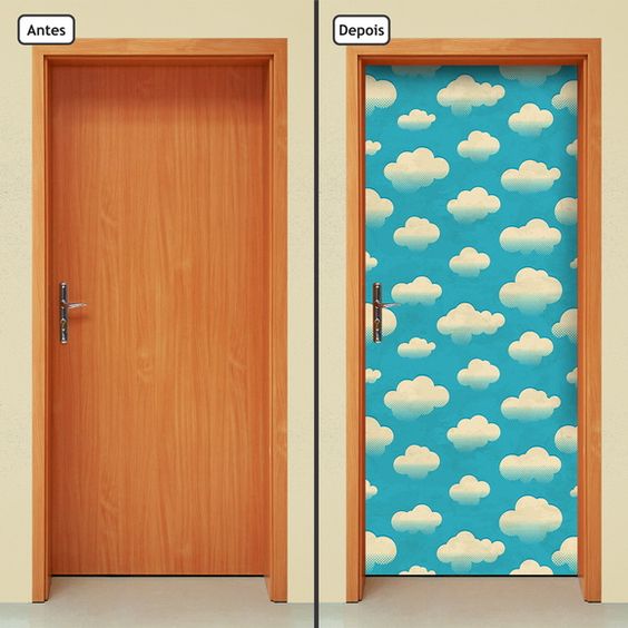 adesivo de porta - porta com adesivo de nuvens 