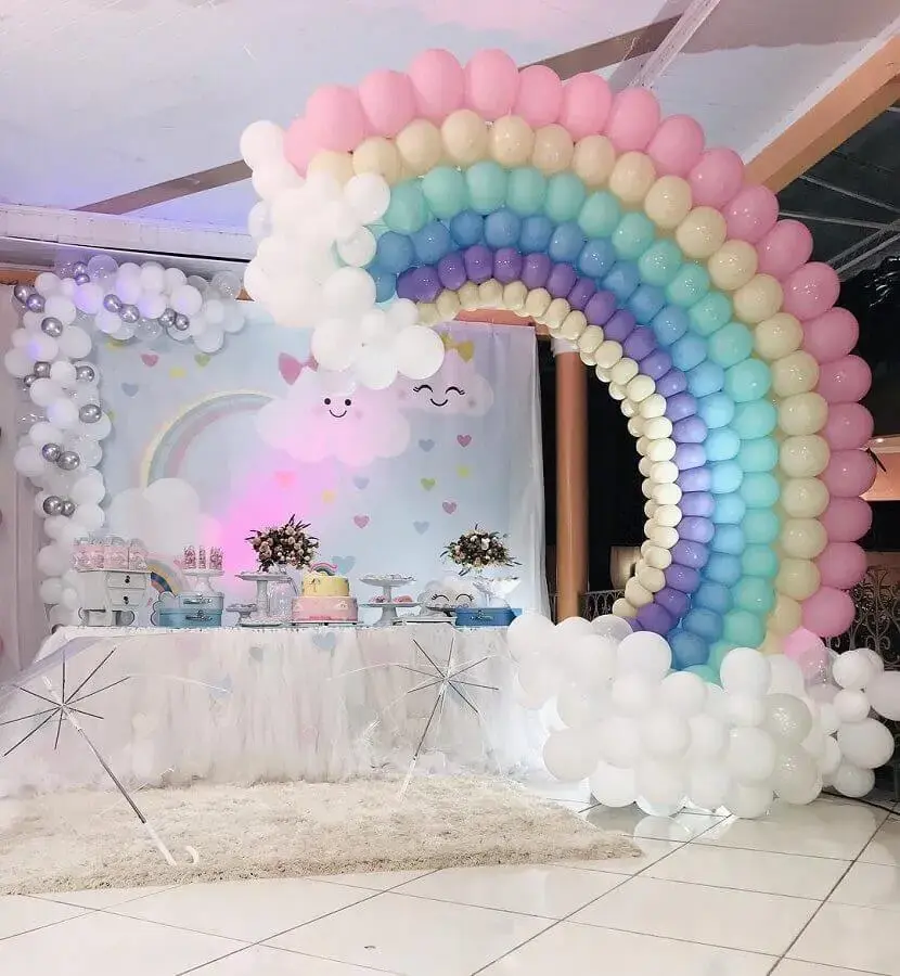 arco iris de bexigas para decoração de aniversário chuva de benção Foto Pinterest