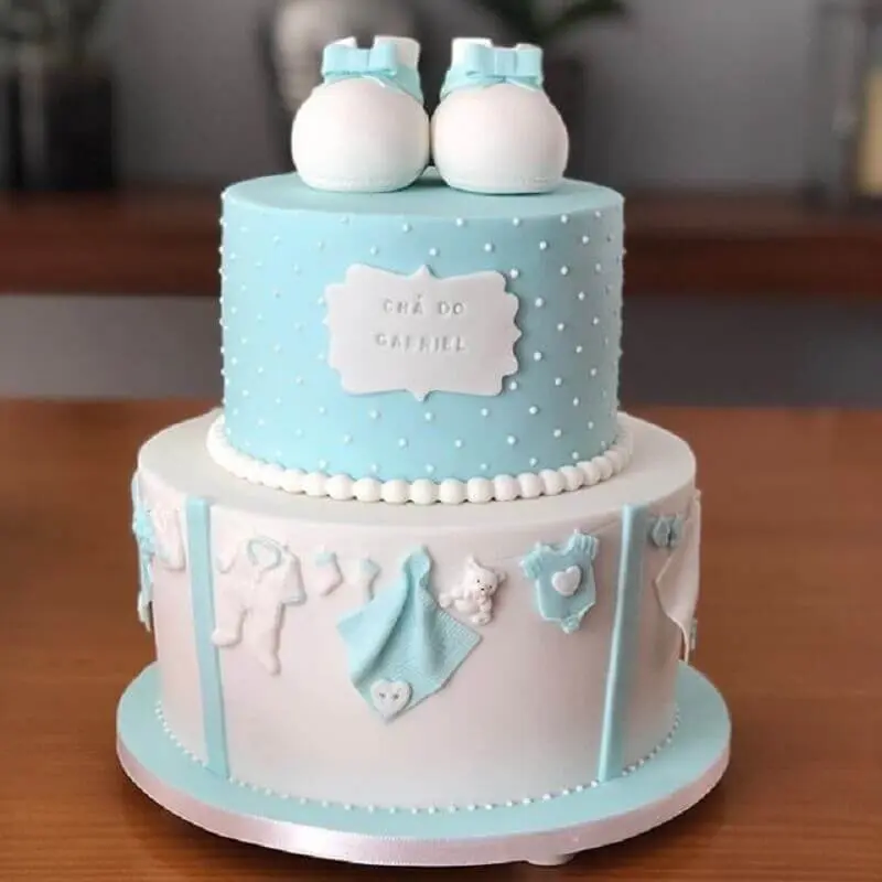 bolo azul e branco para decoração de chá de fralda Foto Gestação Bebê