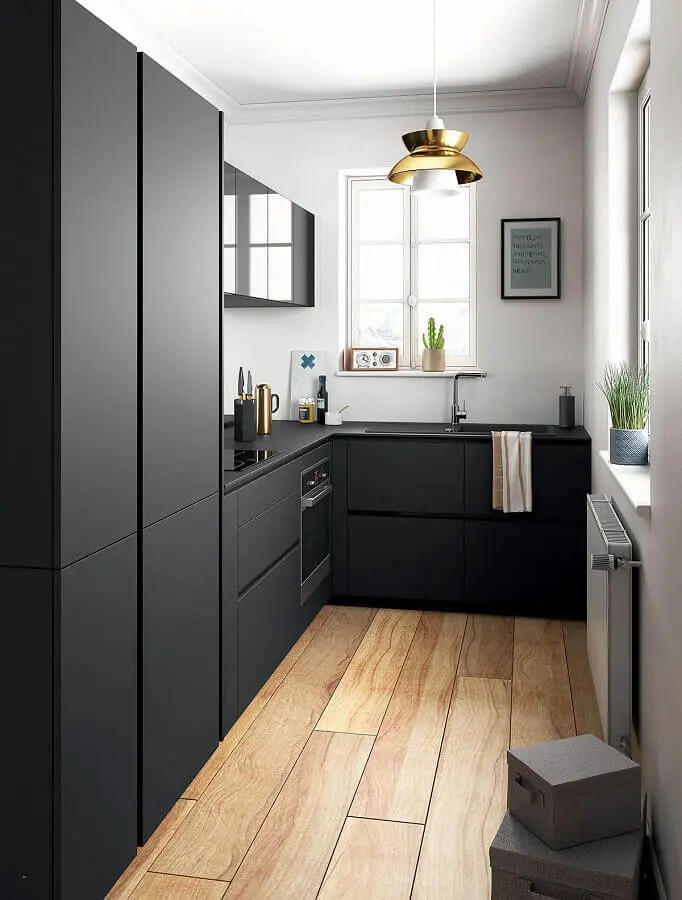 cozinha moderna toda preta com forno elétrico embutir Foto Home Ideas
