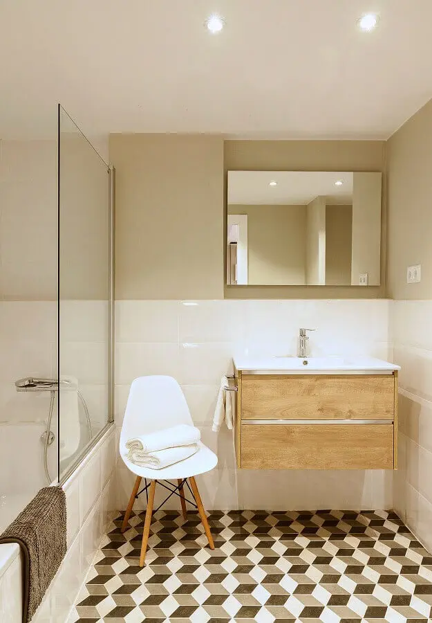 decoração simples com armário de banheiro suspenso de madeira Foto Simples Decoração