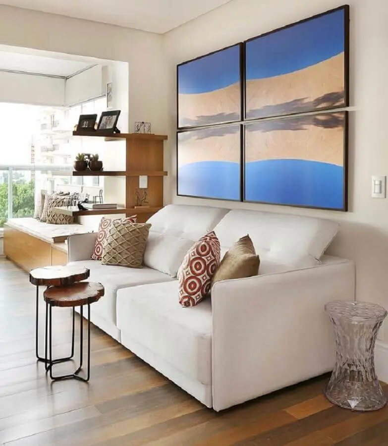 quadros decorativos para sala com sofá branco integrada com varanda Foto Pinterest