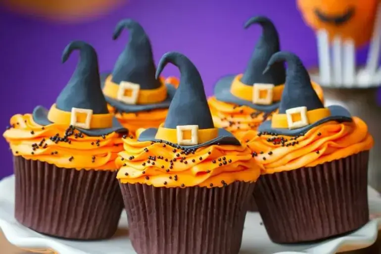 Lindos cupcakes decorados com chapeuzinhos para decoração de festa de Dia das Bruxas - Foto: Musely