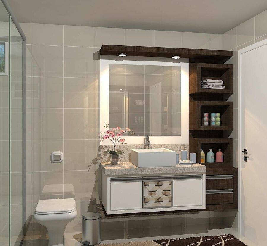 armário de banheiro com gabinete e nichos de madeira 