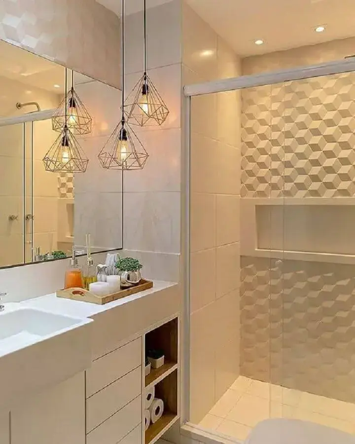 banheiro feminino moderno decorado todo branco com pendente aramado Foto Simples Decoração