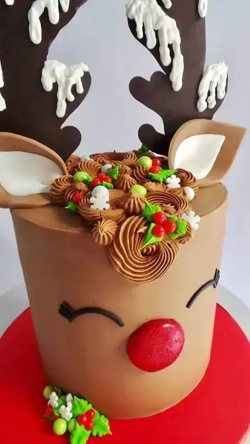 bolo com decoração de natal com rostinho de rena Foto Bolo Decorado