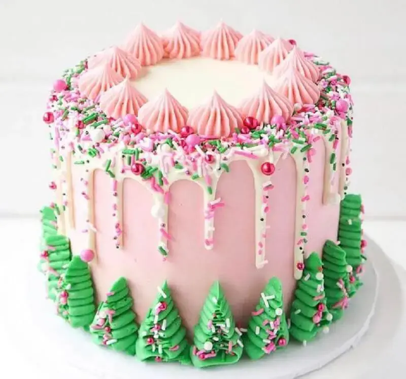bolo com decoração de natal rosa e verde Foto We Heart It