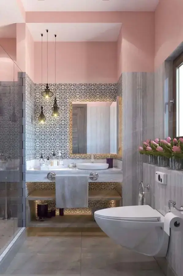 decoração banheiro feminino rosa e cinza Foto Eduardo Cavalcanti Castro